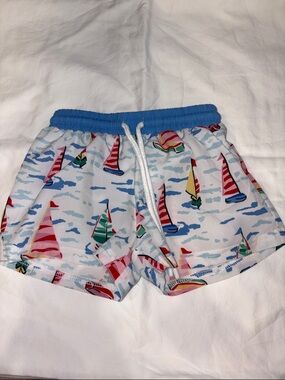 Kids Blue Sailboat Print Swim Trunks